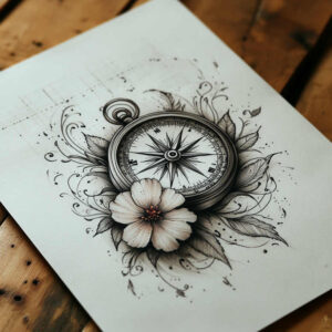 Pocket watch with compass-like dial, hibiscus flower, and curling leaves in black and grey; tattoo project idea; suitable for cover-up.
