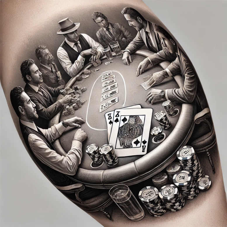 Black and grey realism tattoo design of a poker table scene with cards, chip stacks, glass, and several men around; AI-generated tattoo project; suitable for cover-up: no.