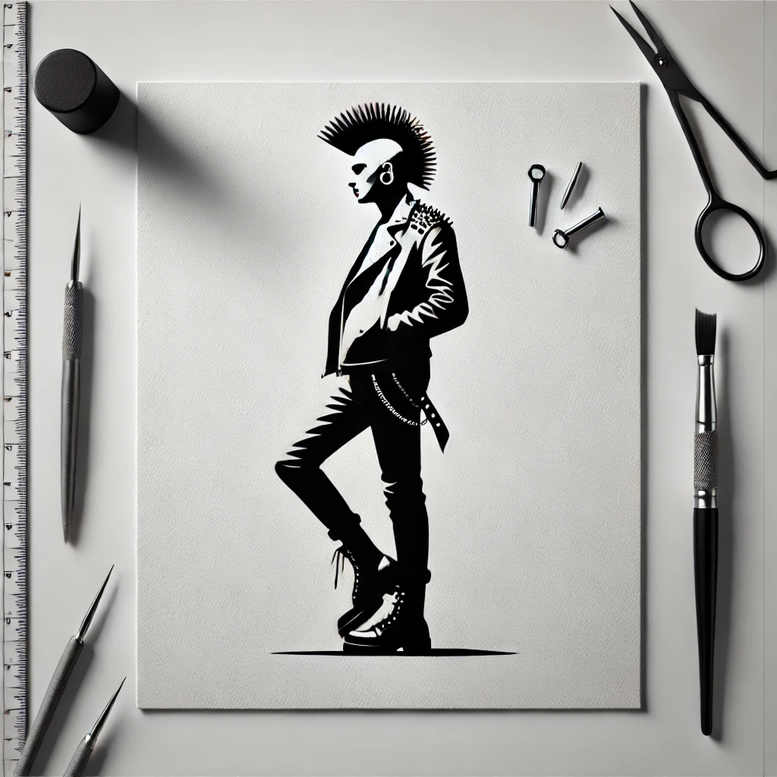 Black and white silhouette of a punk rocker with mohawk, leather jacket, jeans and boots on white paper; ruler, scissors, knife, brush, and studio tools nearby; project idea, suitable for cover-up.