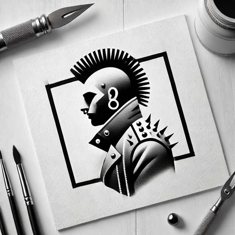 Profile view of a mohawk-wearing face in a leather jacket with a spiked collar inside a square frame; black and grey ink, tattoo design, ideal for cover-up.