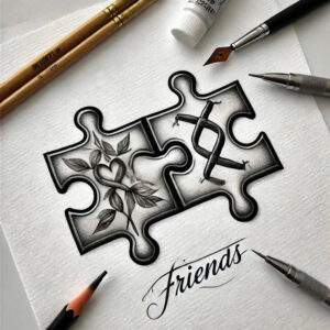 Black and grey pencil sketch of two interlocking puzzle pieces; left piece shows a leafy branch with a heart, right piece depicts a running figure; drawing tools nearby; concept tattoo project, not a cover-up.