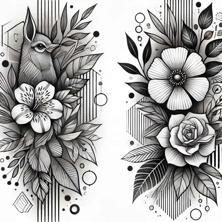 Black and grey tattoo design of a rabbit, hibiscus, and rose with leaves and geometric lines; project idea; not specifically for cover-up.