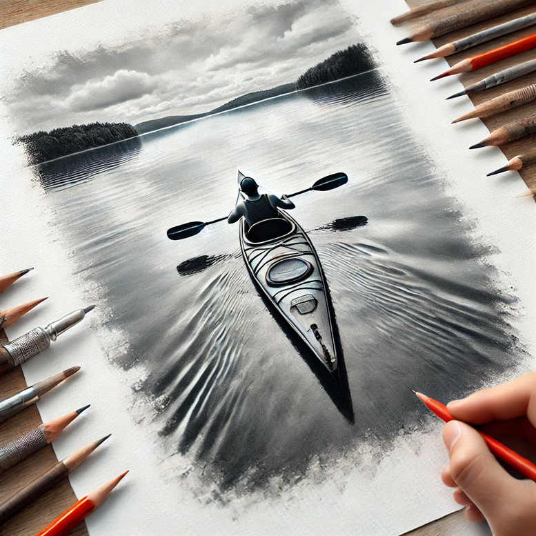 A black and grey realistic kayak scene on calm water, rendered in a pencil-drawing style; tattoo project idea; suitable for cover-up.