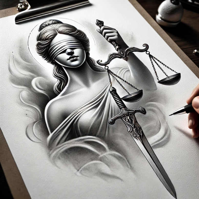 Lady Justice Themis-inspired grayscale tattoo design featuring a female figure, flowing hair, scales, and a sword, set against soft clouds; black and grey, AI-generated concept, perfect for cover-up.