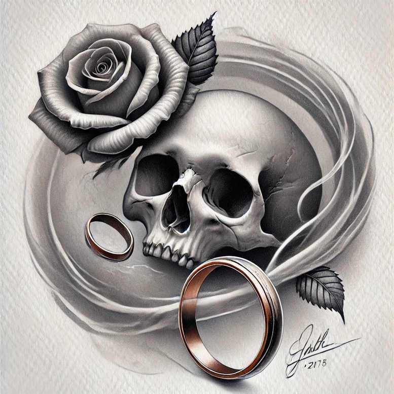 Skull, rose, and two rings in black and grey; a tattoo project showing a gothic floral skull with wedding bands, suitable for a cover-up.