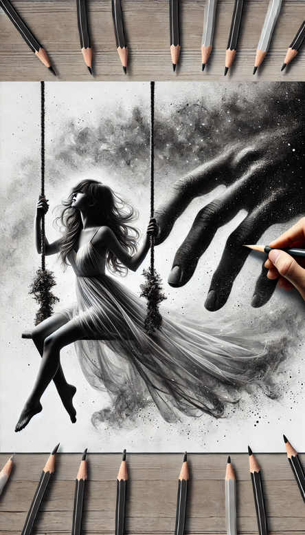 Black and grey illustration of a woman on a swing in a flowing dress, with a large dark hand reaching from the right and pencils framing the scene; AI-generated tattoo project; cover-up ready.