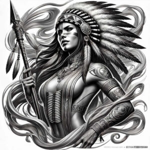Black and grey illustration of a Native American woman with feathered headdress, spear in hand, flowing ribbons and geometric patterns; a tattoo project; not ideal for cover-up.