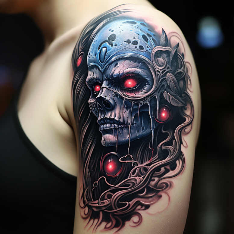 Skull with blue metallic mask, red glowing eyes, leaves, and ornamental swirl pattern; colors blue, red, black and grey; tattoo project; cover-up suitable.