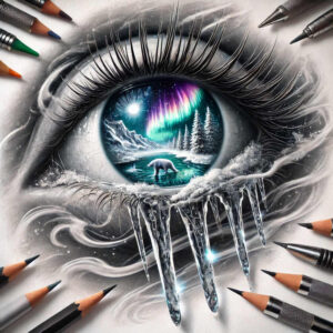 Eye in grayscale with a color-filled iris scene showing a bear by a lake among mountains and pine trees; icicles hang from the lid; pencils surround; AI-generated tattoo project; perfect for cover-up.