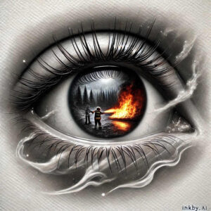 Eye with iris revealing forest on left and flames on right; two figures in foreground; outer area black and grey; tattoo project idea; suitable for cover-up.