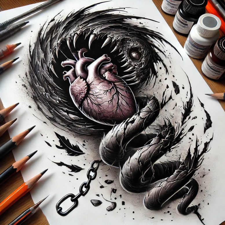 Heart, chain, tentacle coils, and shattered shards in black and grey; a tattoo project suitable for a cover-up.