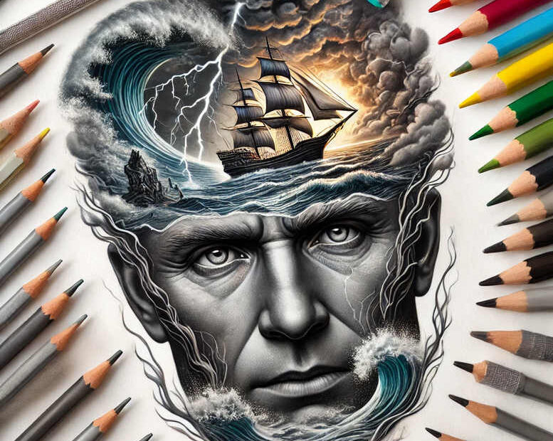 Poseidon-inspired black and grey portrait tattoo design; a storm-torn face frame reveals a sailing ship amid waves, a project concept with cover-up potential.