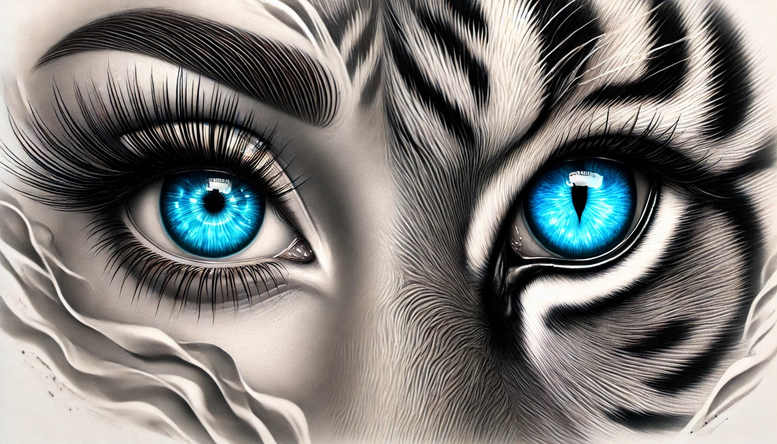 Tiger head in black and grey with piercing blue eyes and striped fur, tattoo idea, AI-generated project, suitable for cover-up