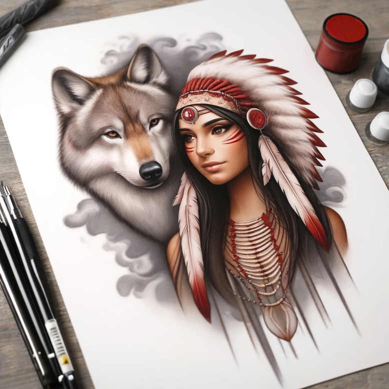 Portrait of a woman with a red-and-white patterned feather headdress beside a gray wolf, colored tattoo concept; AI-generated project idea, not intended for cover-up.