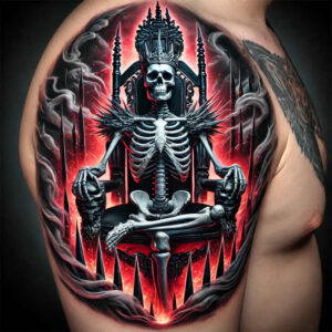 Skeleton on throne with crown in black and grey, surrounded by smoke and flame on a red fiery background; tattoo project for cover-up.
