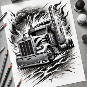 Truck and flame in black and grey; AI-generated tattoo project; cover-up ready; pattern element.