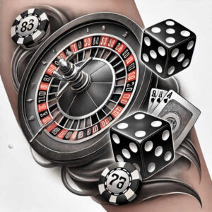 Casino-themed tattoo project idea in black and grey with roulette wheel, die, card, and chip; red accents; suitable for cover-up.