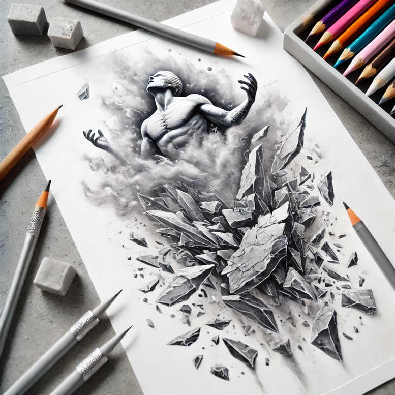 Black and grey tattoo concept showing a faceless figure rising through crystal shards; visible elements include figure, crystals, pencils, erasers, and paper; project cover-up-ready pattern.