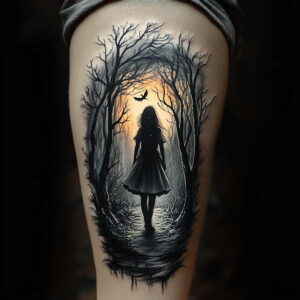 Black and grey silhouette of a girl in a dress standing on a forest path, surrounded by bare trees with an orange glow and a flying bird; project idea; cover-up suitable.