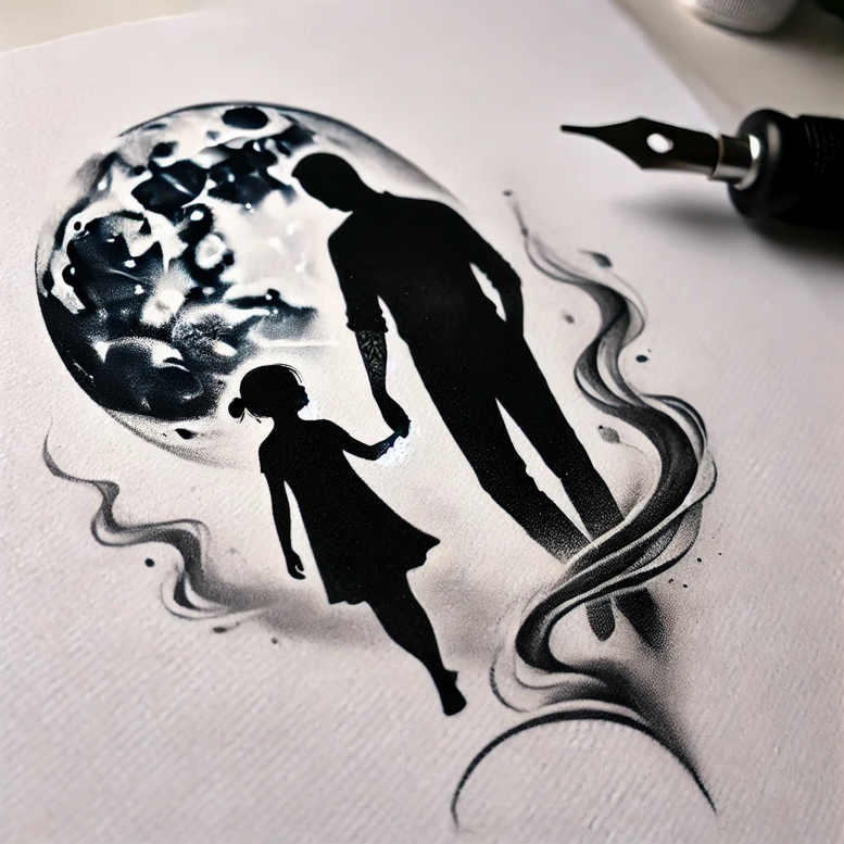 Black and grey tattoo design with man and girl silhouettes holding hands beside a patterned moon, surrounded by flowing swirls and a visible nib; a cover-up-ready project.