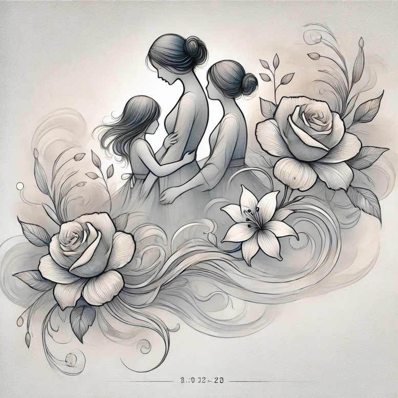 Three women in profile with flowing hair, surrounded by roses and a lily, black and grey line art; AI-generated tattoo project; not for cover-up.