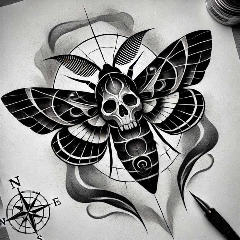 Skull, moth, and compass in black and grey; cover-up-ready tattoo design project; AI-generated.