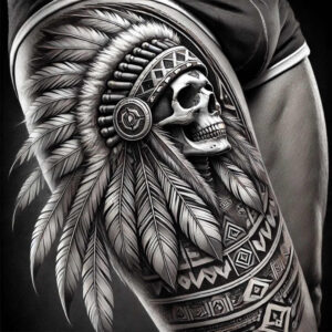 Black and grey skull wearing a feathered Native American headdress, with a circular ear ornament and geometric band pattern; cover-up-ready tattoo project.