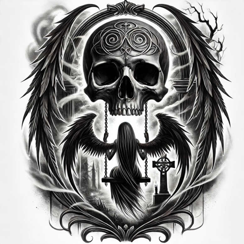 Black and grey tattoo project showing a skull with ornate forehead pattern, large wings, a hooded figure on a swing, chains, arch frame, gravestone cross, and bare trees; cover-up suitable.