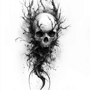 organic-line-skull-tattoo – tattoo design ideas free ai generated – haunted – for-side-torso – Gallery: skulls-inkby-ai