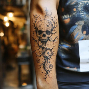 strength-motif-skull-tattoo – tattoo design ideas free ai generated – melting – for-biceps – Gallery: skulls-inkby-ai
