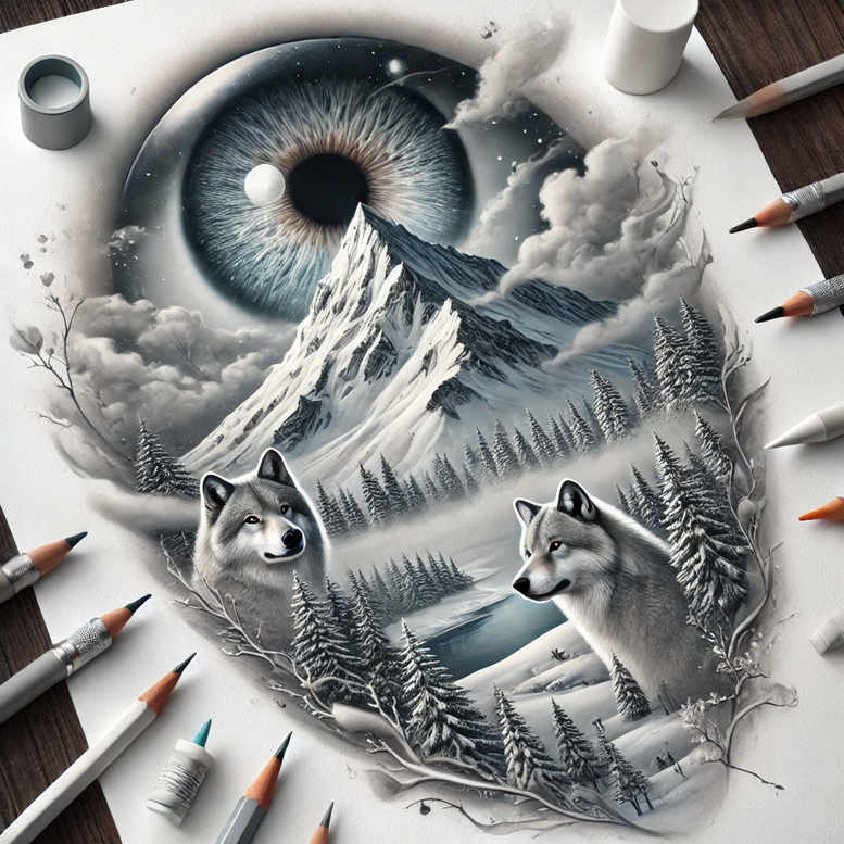 Eye, mountains, wolves, pine trees, clouds, snow, paper, pencils in black and grey; tattoo project concept, cover-up suitable.