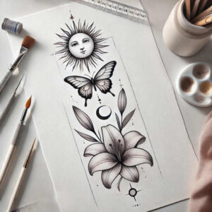 Sun with radiant rays, butterfly in mid-flight, crescent moon, and lily with leaves in black and grey linework; tattoo project concept; not a cover-up.