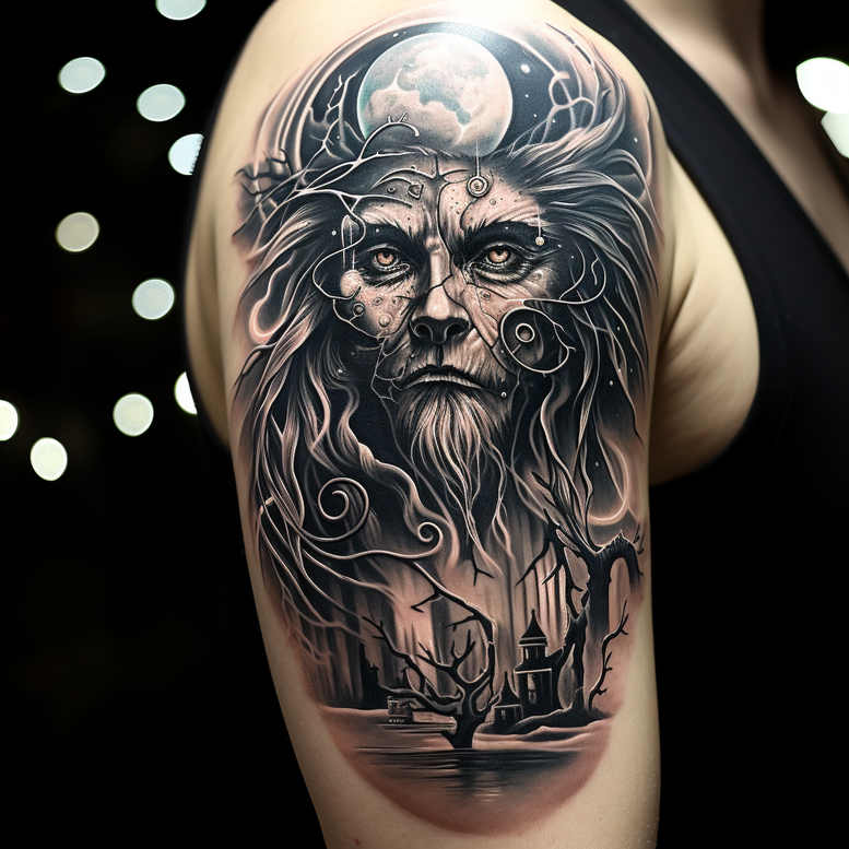 fantasy-motif-figure-tattoo – tattoo design ideas free ai generated – chilling – for-shoulder – Gallery: surrealistic-characters-inkby-ai