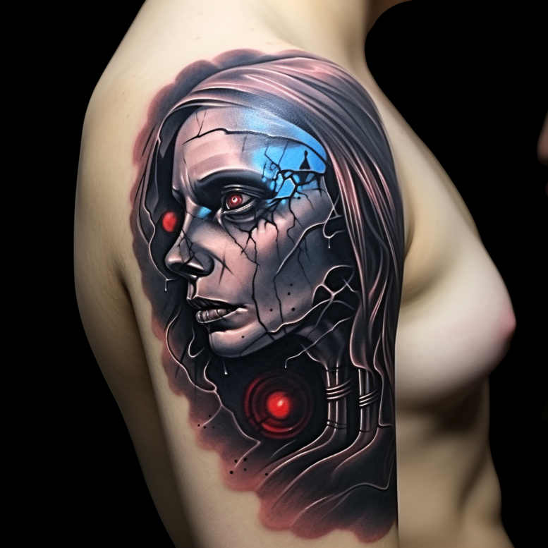 sleep-figure-tattoo – tattoo design ideas free ai generated – witchcraft – for-upper-arm – Gallery: surrealistic-characters-inkby-ai