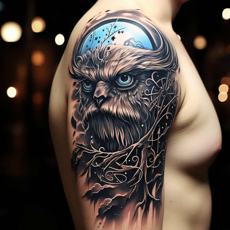 surreal-art-figure-tattoo – tattoo design ideas free ai generated – noir – for-lower-leg – Gallery: surrealistic-characters-inkby-ai