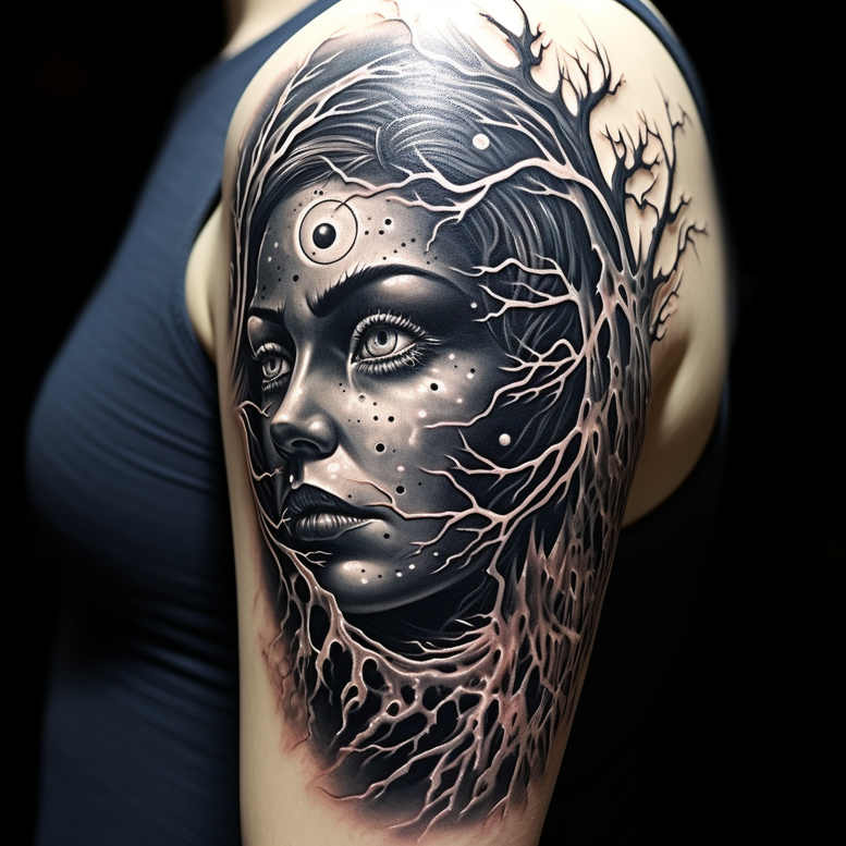 surreal-art-figure-tattoo – tattoo design ideas free ai generated – stitched – for-side – Gallery: surrealistic-characters-inkby-ai