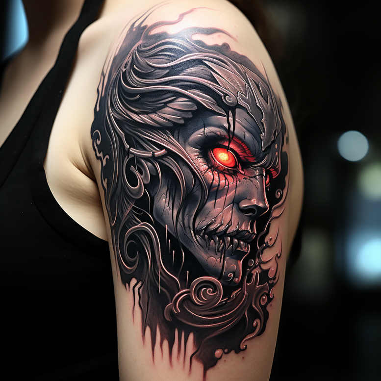 symbol-motif-figure-tattoo – tattoo design ideas free ai generated – deformed – for-lower-chest – Gallery: surrealistic-characters-inkby-ai