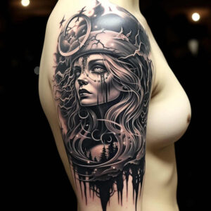 surrealistic-characters tattoo design ideas Surrealism shifting shapes floating face for scapula