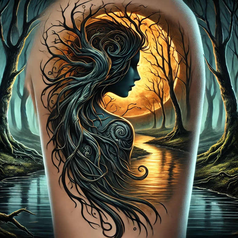 surrealistic-characters tattoo design ideas detailed textures floating face for shin