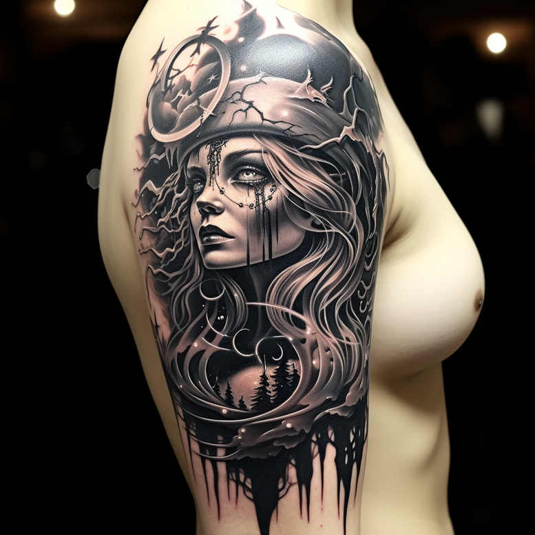 wavy-motion-figure-tattoo – tattoo design ideas free ai generated – rotting – for-triceps – Gallery: surrealistic-characters-inkby-ai