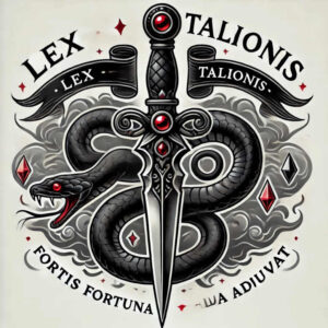 Snake and sword tattoo design in black and grey, with a banner and red gems; project idea; suitable for a cover-up.