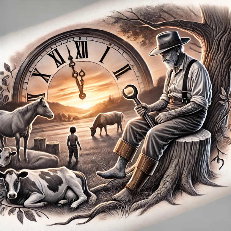 Clock, man on a stump, tree, cow, horse, and boy in a pastoral field; colored realistic tattoo design; not suitable for cover-up.
