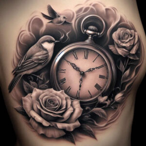Watch, roses, birds, leaves, and clouds in black and grey; finished tattoo project; suitable for cover-up.