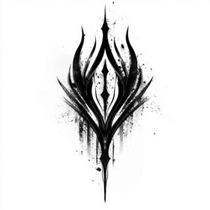 Blade-shaped black tribal tattoo design with flame-like curves and ink splatters; black and grey; project idea; suitable for cover-up.
