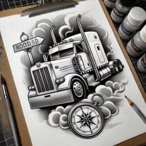 Black and grey: truck, compass, signpost, clouds, pencil, brush, paint bottle, blade; tattoo design project suitable for cover-up.