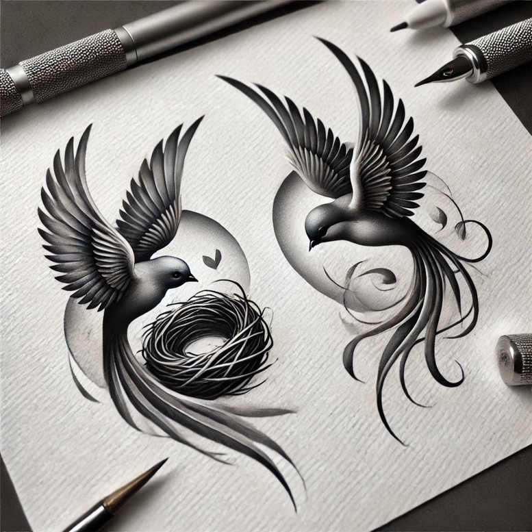 Two black and grey birds with a nest, circular halos, and flowing swirls on paper; black and grey tattoo design idea; pattern; not ideal for cover-up.