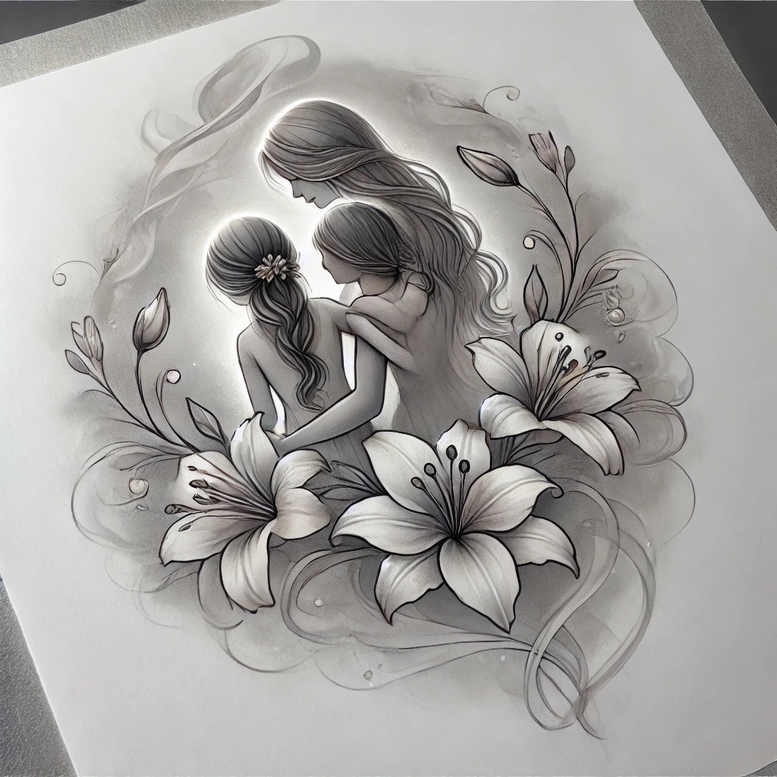 Two women embrace in grayscale among large lilies; Black and grey tattoo design idea.