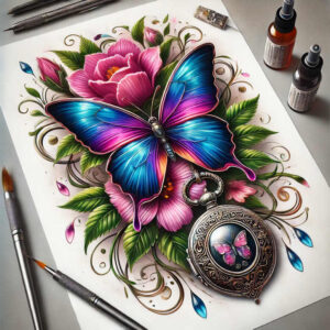 Colorful butterfly with blue and magenta wings, pink flowers, and green leaves surrounding an ornate pocket watch; full color tattoo project idea; not a cover-up.