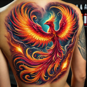 Phoenix, flames, and feathers in orange, yellow, and red on a blue-toned back; multicolor full-color tattoo project; not intended as cover-up.