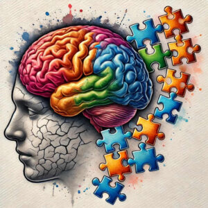 Brain in rainbow colors above a cracked grayscale head silhouette with blue, orange, and green puzzle pieces.